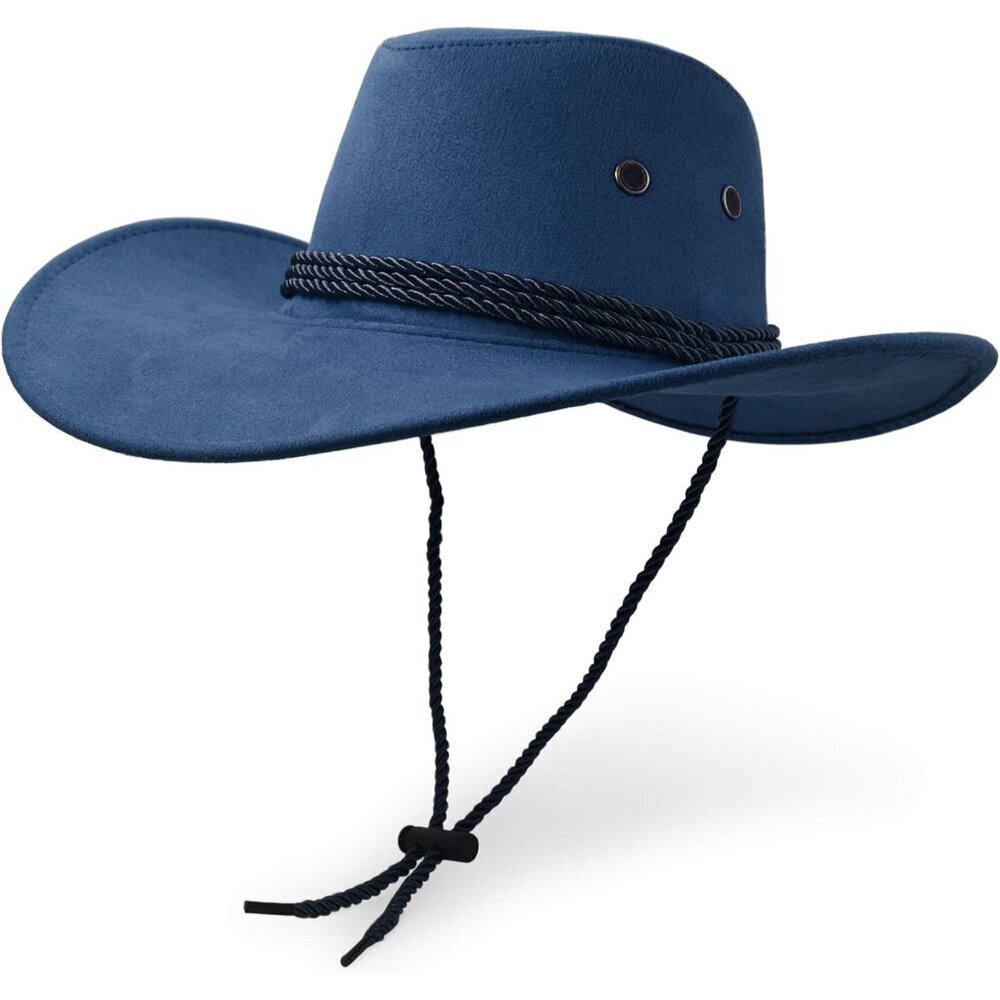 Unisex Blue Faux Wide Brim with Braided Band Chin Strap Classic Cowboy Felt Hat